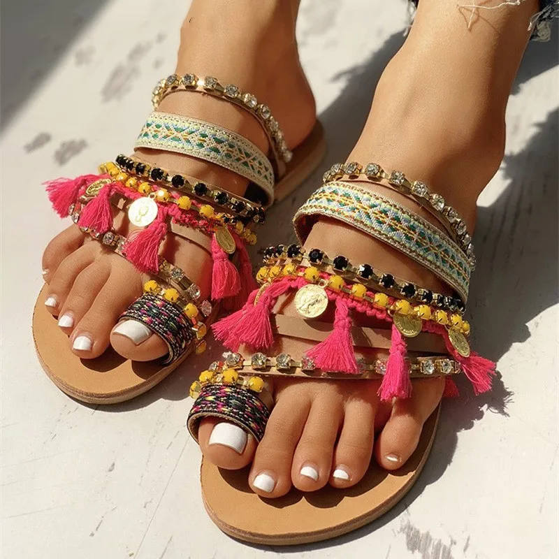 

New 2019 Bohemian Shoes Women Flat Sandals Bling Crystal Bead Beach Flip Flops Slippers Women Shoes Large Size Slides XKD4062