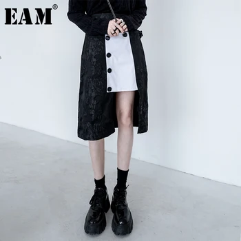 

[EAM] High Waist Black Jacquard Button Irregular Split Joint Half-body Skirt Women Fashion Tide New Spring Summer 2020 1Y954