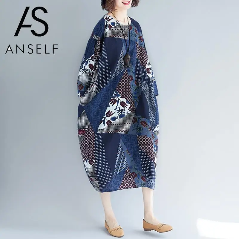 

ANSELF Women Dress Plus Size Loose Long Robe Ethnic Dress Long Sleeve Floral Geometric Splicing Vintage Boho Baggy Dress female