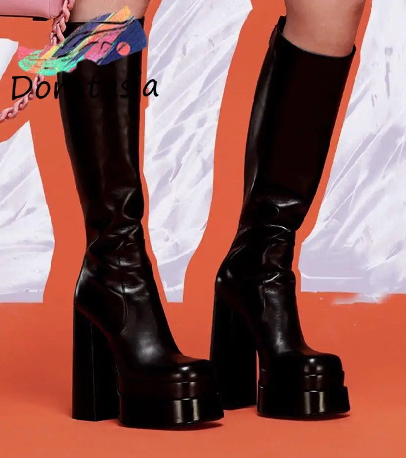 

DORATASIA INS Brand Big Size 43 Women Motorcycle Boots black Zip High Heel Platform women's Boots Mature Trendy Winter Shoes