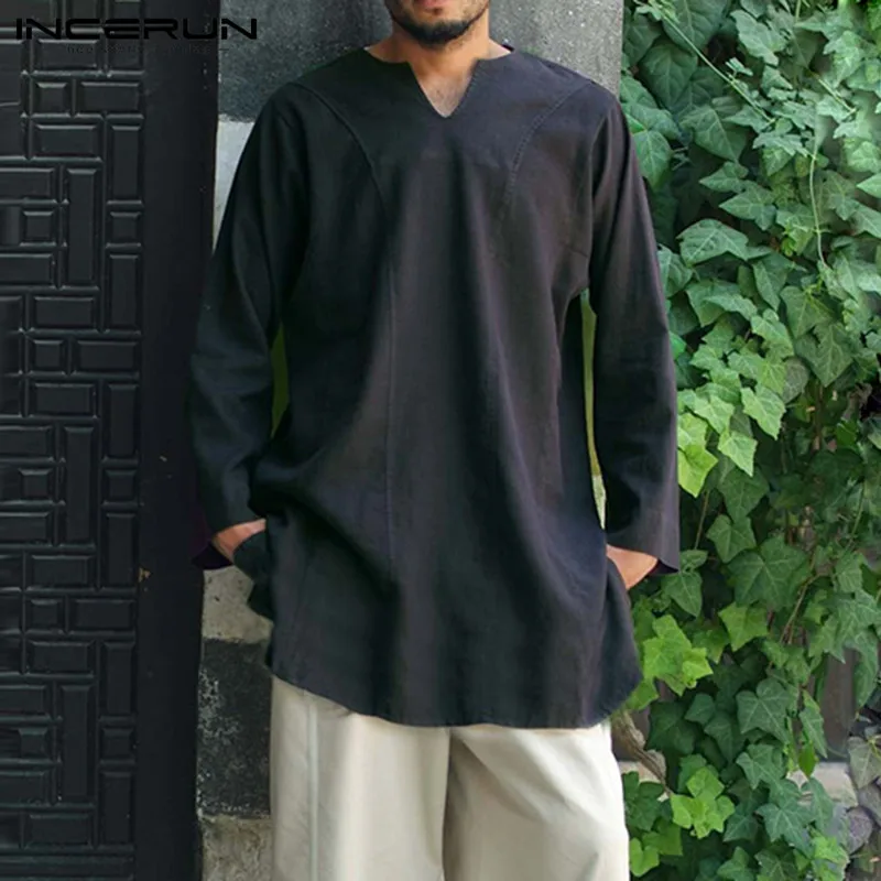 

INCERUN Loose Cotton Chemise Leisure Splitting Tops Vintage Solid Long Style Shirts Men Long Sleeve V Neck Camisa Men Shirt 5XL7
