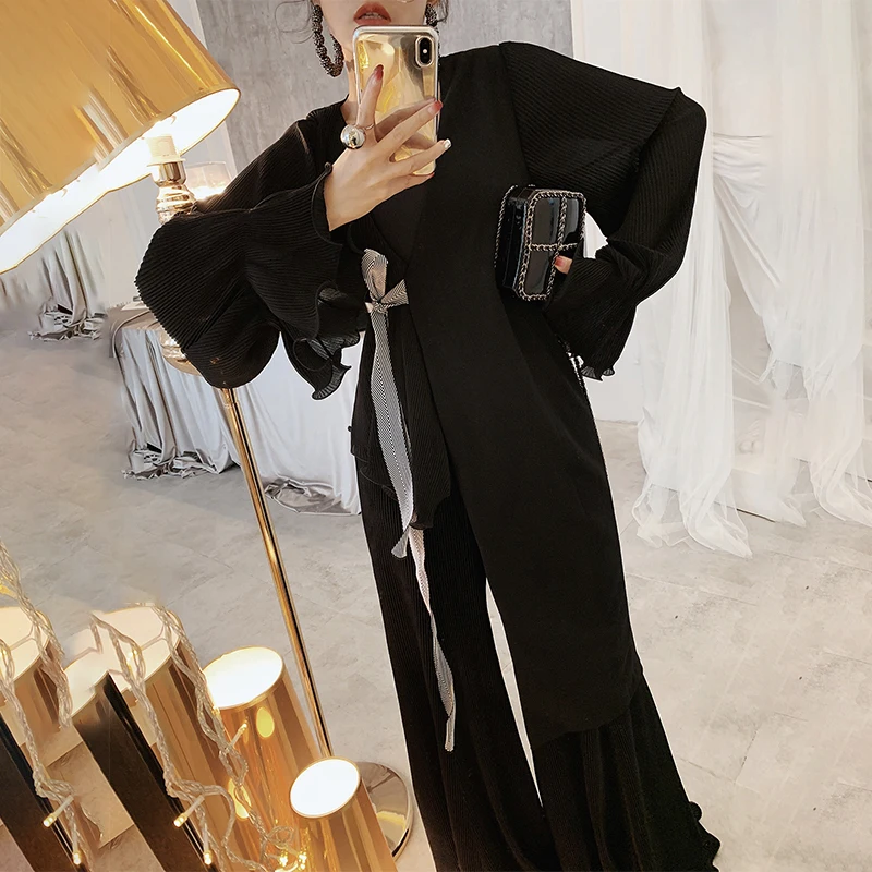 LANMREM новая темпераментная расклешенная с длинным рукавом необычная черная белая рубашка для женщин Весенняя Дамская блузка с повязкой на талии YG704
