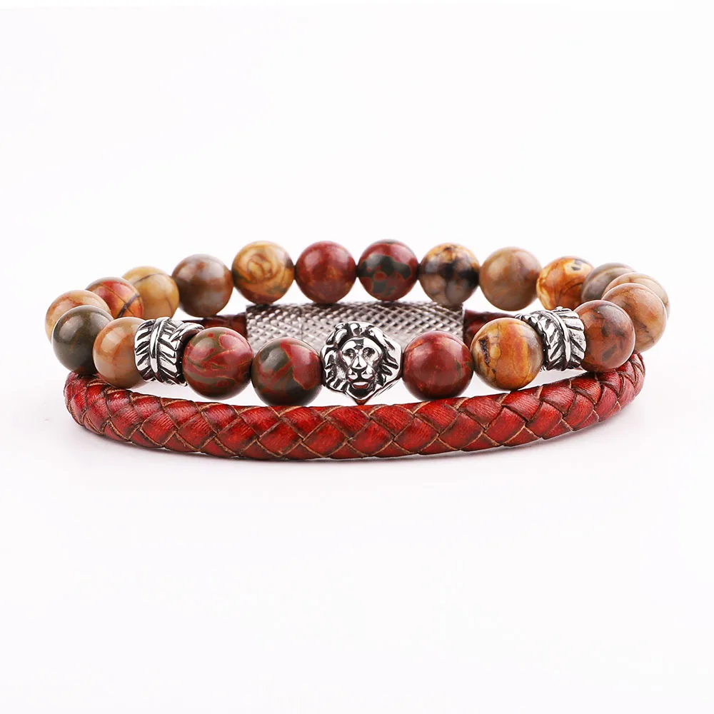 Men Bracelet Set New Design Stainless Steel Vintage Leaf Feather Charm Lion Natural Stone Genuine Leather Bracelet Men
