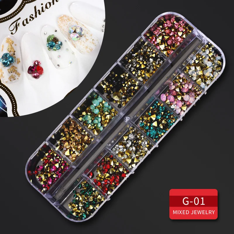 12 Grid Multi-size Nail Rhinestones 3D Crystal AB Clear Nail Stones Gems Pearl DIY Nail Art Decorations Gold Silver Rivet Rhines