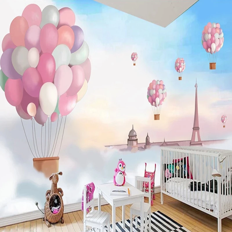 Custom 3D Poster Cartoon Children Room Decoration Pink Hot Balloon Wall Mural Girls Bedroom Self Adhesive Wallpaper Waterproof |