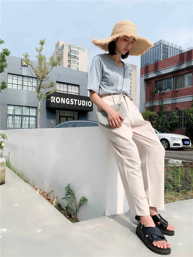 Autumn New Women's Korean Fashion Embroidery Flower Trousers Women's Purple Casual High Waist Preppy Style Straight Pants