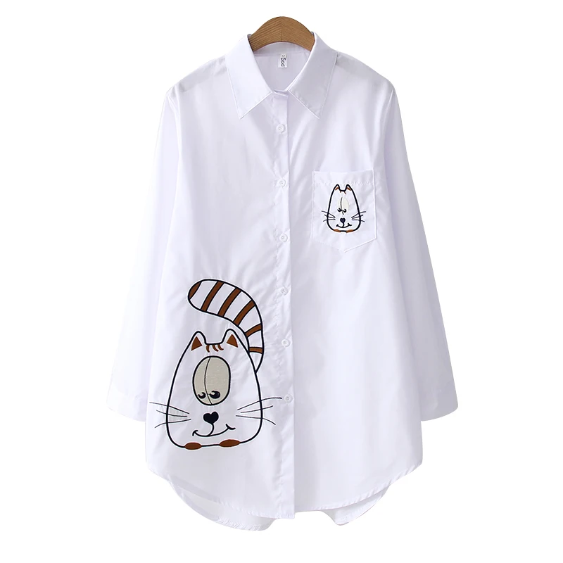 White-Coffee Cat JUAYKALA, новинка, белая рубашка, повседневная одежда, на пуговицах, с отложным воротником, с длинным рукавом, хлопковая блузка с вышивкой, горячая Распродажа - Цвет: White-Coffee Cat