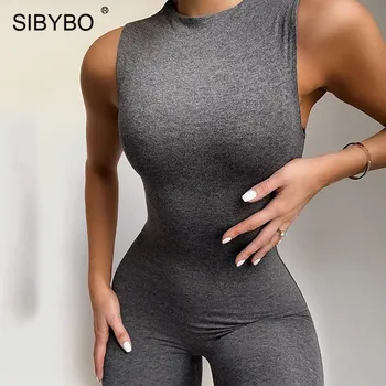 SIBYBO-Mono sin mangas entallado para mujer, traje de cuello redondo con cremallera invisible, outfit sexy para mujer, ropa de sport deportiva lisa 1
