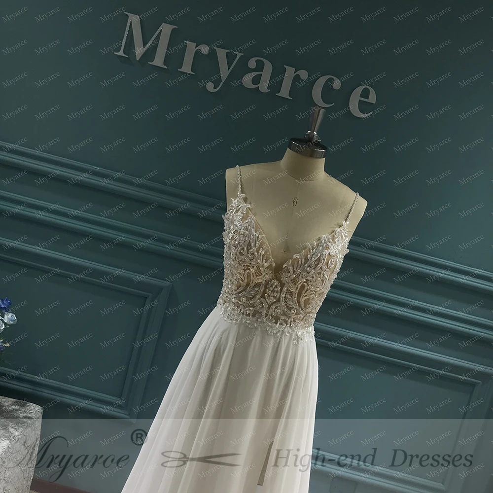 Mryarce Exclusive lace Beading Flowing Chiffon Side Split Beach Wedding Dress Open Back Bridal Gowns 3