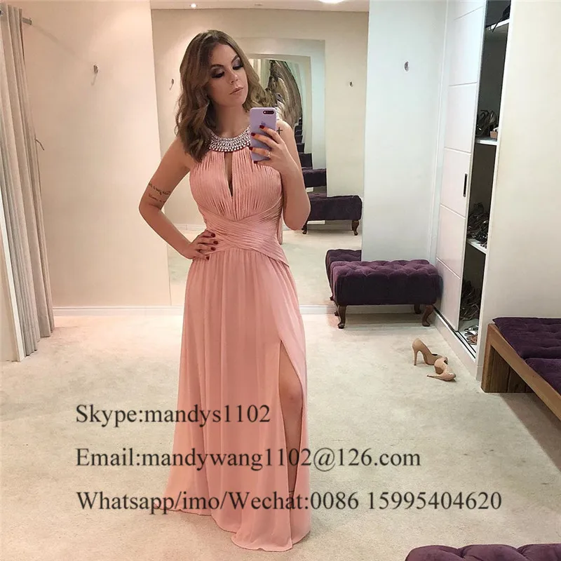 Mbcullyd высокое Разделение розовые платья для выпускного вечера Длинные сексуальный вырез, открытая шея, торжественное платье вечернее платье течет шифона Vestidos De Gala