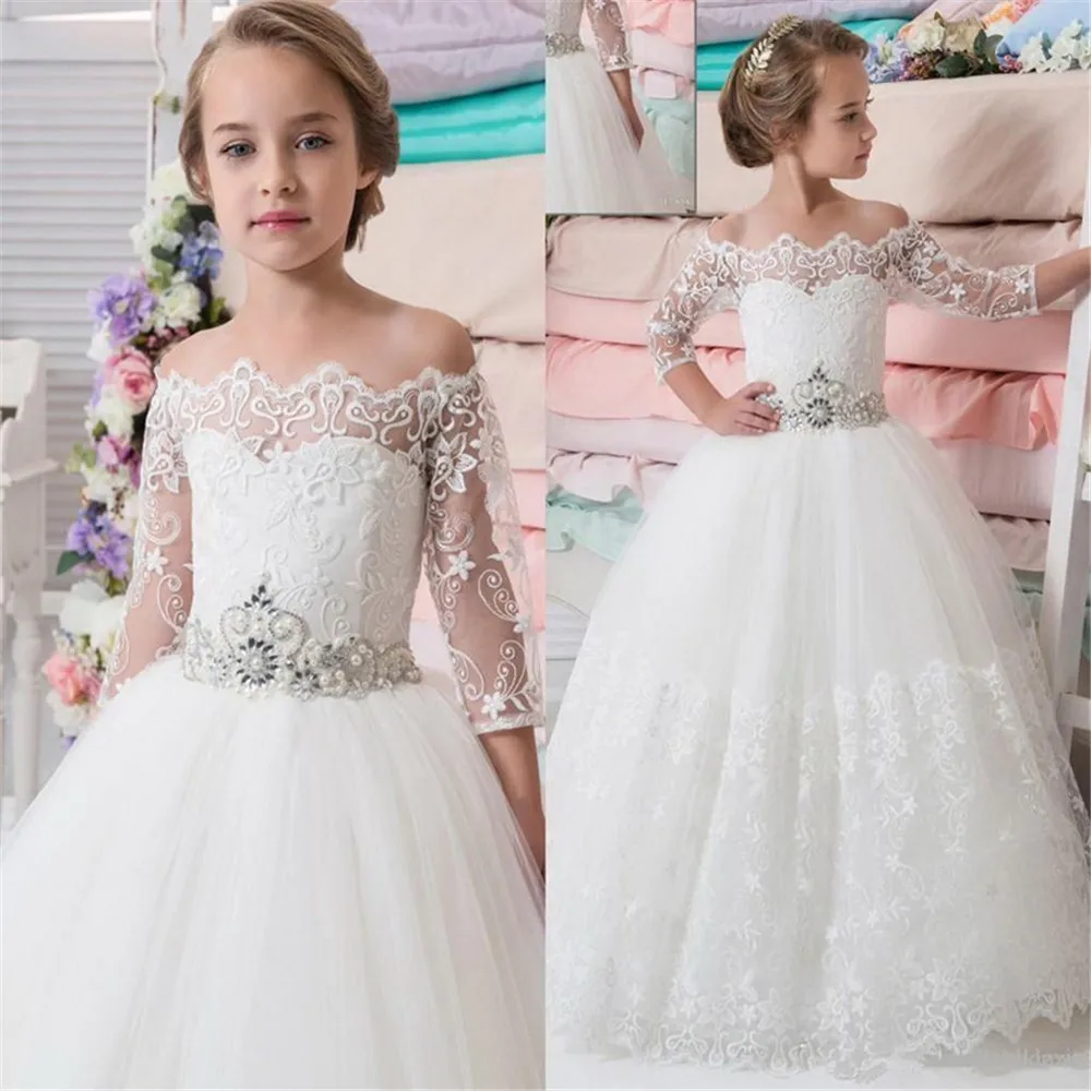 

Lace Flower Girl Dresses Beading Sash Ball Gown Pageant Party Dresses Children's First Communion Dresses For Wedding