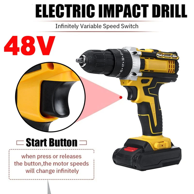 

48V Cordless Drill Electric Screwdriver Drill 25+3 Torque Dual Speed Electric Hammer Impact Drill With 2Pcs Lithium-Ion Battery