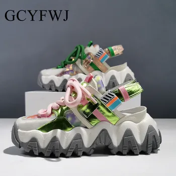 

GCYFWJ Women Shoes Casual Genuine Leather Fretwork Colour Mixture Flat Platform Breathable Mesh Lady Sneakers Chaussures Femme
