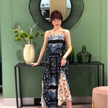 

Women Dress 2019 Spring/Summer Vintage Print Sling Sleeveless Irregular Dress