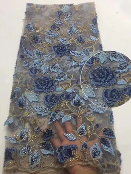 

Top Sell 2020 Nigerian African Tulle Lace Fabric Blue Guipure Embroidered French Lace Fabric High Quality With Stones For Party