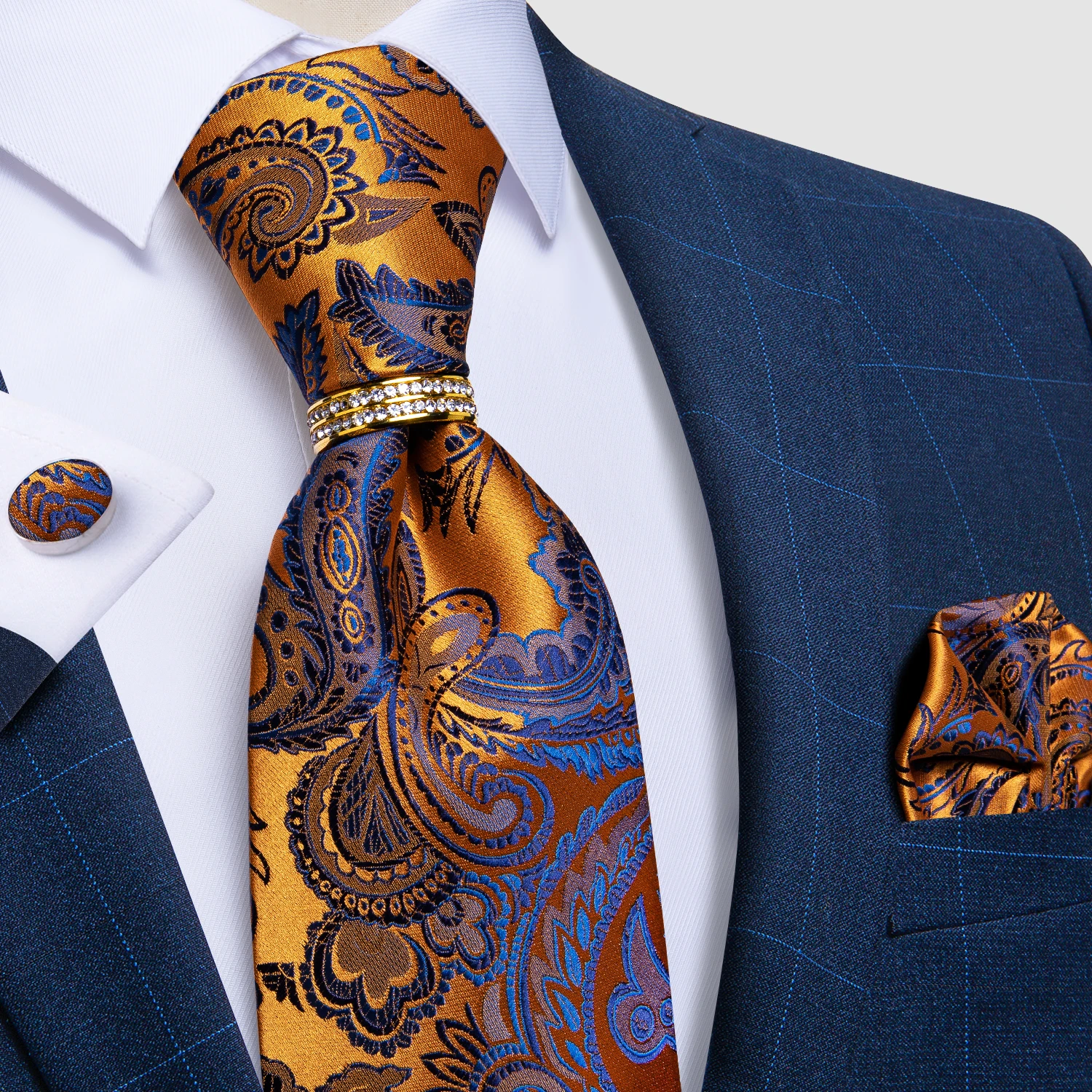 Tie Pocket Square Orange Silver Blue Set 100% Silk Wedding Necktie Hanky 
