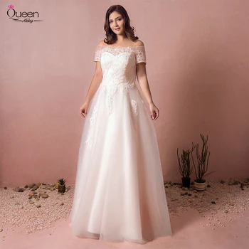 

Elegant Off-shoulder Lace Tulle Plus Size Wedding Dress A-line Floor-length Short Sleeves Dress Lace-up Backless Dress