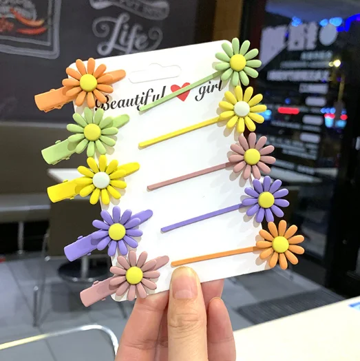 1Pc Korean Summer Style Daisy Flower Hair Clips For Women Girls Fashion Candy Color Hairgrip Metal Barrettes Pins | Украшения и