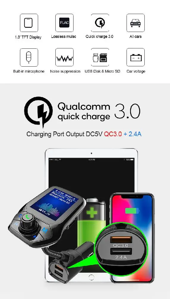 Dragonpad Bluetooth музыкальный плеер автомобильное зарядное устройство адаптер USB 3,0 быстро Зарядное устройство музыкальный плеер FM передатчик мобильный телефон быстро Зарядное устройство