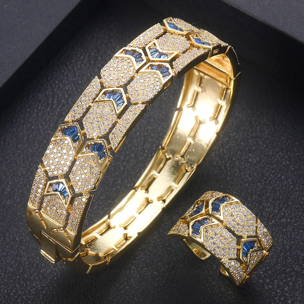Blue-18K gold Jankelly Роскошный Уникальный Африканский браслет кольцо набор ювелирных изделий для женщин Свадебные с кубическим Цирконом Кристалл CZ Дубай Свадебный комплект ювелирных изделий - Окраска металла: Blue-18K gold