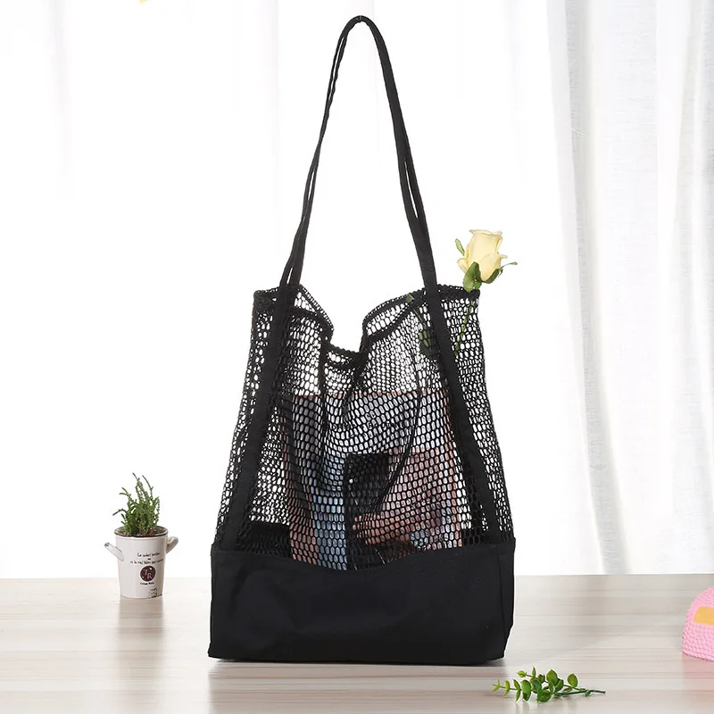 Bolso de mano hueco de gran capacidad mujer, bolsa de compras negra de malla de nailon, de hombro para playa, plegable, ecológico - AliExpress Maletas y bolsas