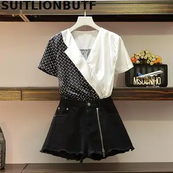 

Elegant Ladies L-4xl Plus Size 2 Piece Set Women Soft Patchwork Short Blouse Zipper Denim Wide Leg Short OL Ropa Mujer Ensemble