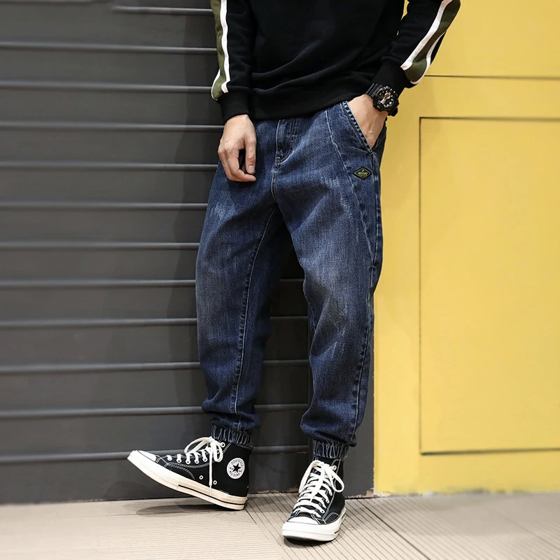 Fashion Streetwear Men Jeans Loose Fit Spliced Designer Cargo Pants Harem Jeans Dark Blue Japanese Hip 3