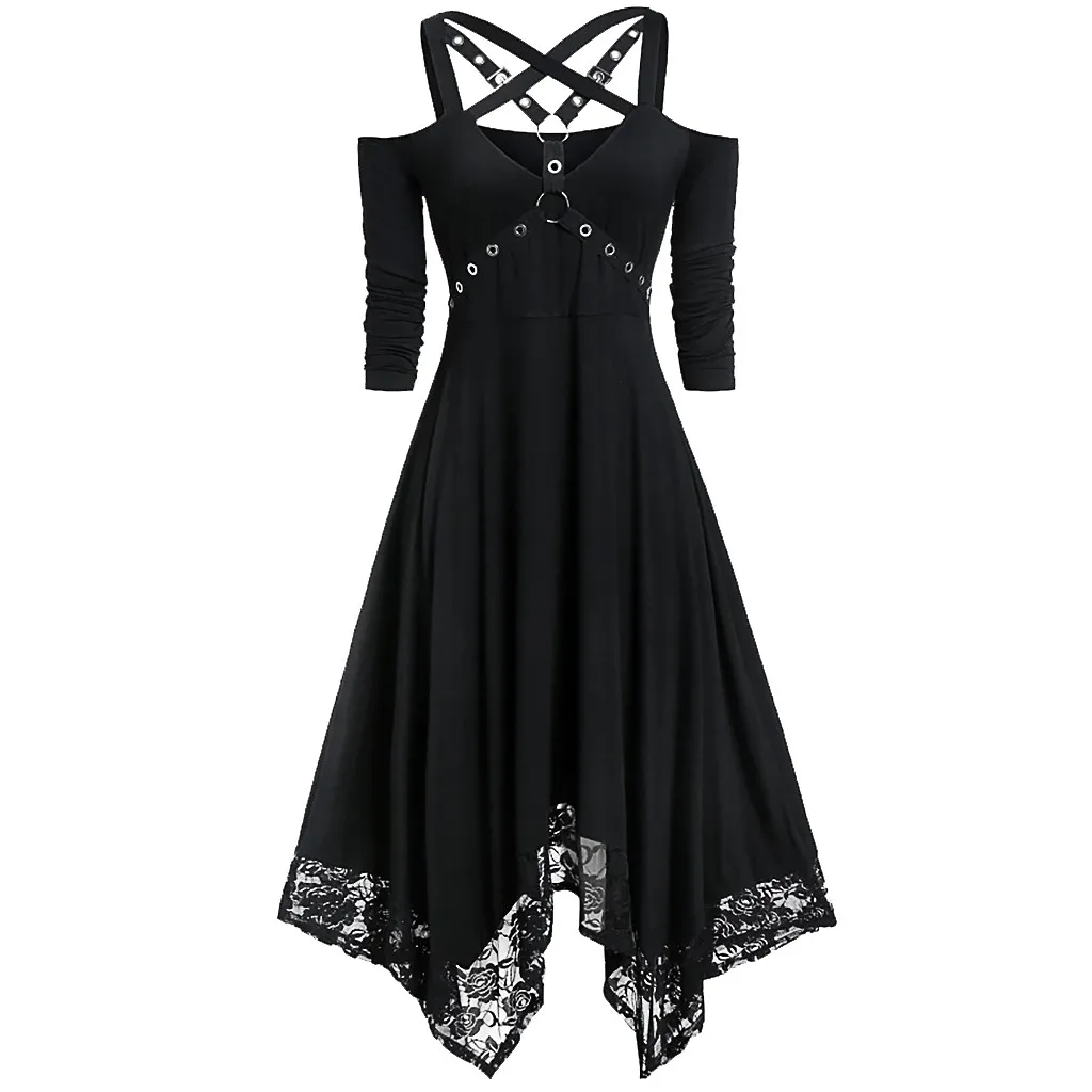 Готическое Платье женское черное готическое платье с открытыми плечами кружевное лоскутное платье в стиле панк рок с перекрещивающимися лямками размера плюс сексуальное винтажное платье миди