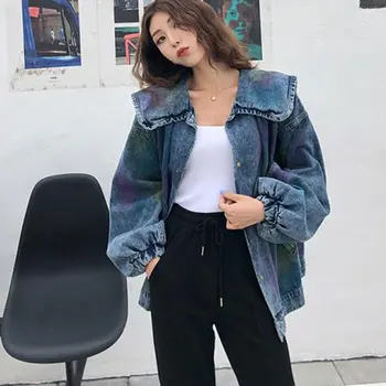 

Oversized Lacquer Painted Graffiti Denim Jackets Womens 2020 Autumn Long Sleeve Loose Vintage BF Coats Harajuku Jackets Jeans