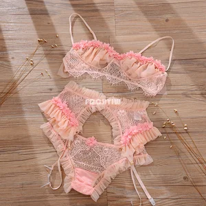 Image 4 - French Sexy Lingerie Lace Ruffles Wire Free Bra and Panty with Garter Underwear Set Temptation See Through Ultra Thin Bra Set