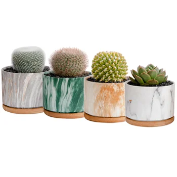 

4PCS Marble Ceramic Flower Pot Mini Succulent Plant Flower Pot Straight Round Potting Pot Household Flower Container without Pla