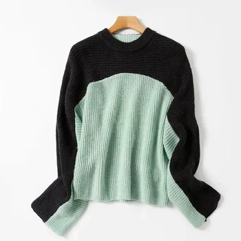 

Green Patchwork Black Women Sweater Autumn Winter Simple Mohair Long Sleeve Pullover Tops