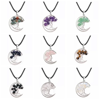 

SEVENSTONE Handmade Tree of Life Crescent Moon Necklace wrapped lucky Natural stone Healing Crystal Pendant Reiki Jewelry