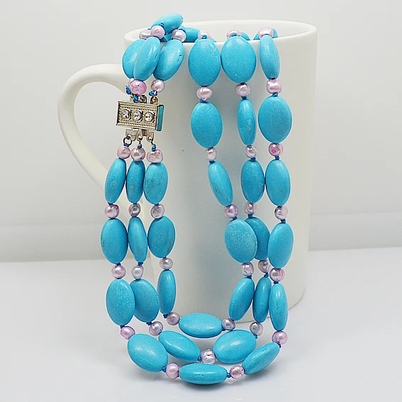 Blue turquoise real pearl jewelry,3rows pink freshwater pearl turquoise necklace rhinestone clasp birthday gift for women