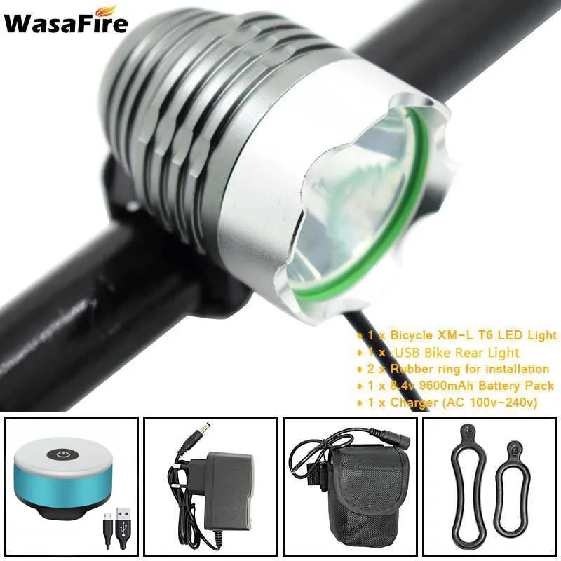 with blue taillight Светодиодный велосипедный передний светильник WasaFire XM-L T6, 18650 лм, велосипедный головной светильник на батарейках, велосипедный светильник s+ 16 светодиодный s USB, задний фонарь - Цвет: with blue taillight