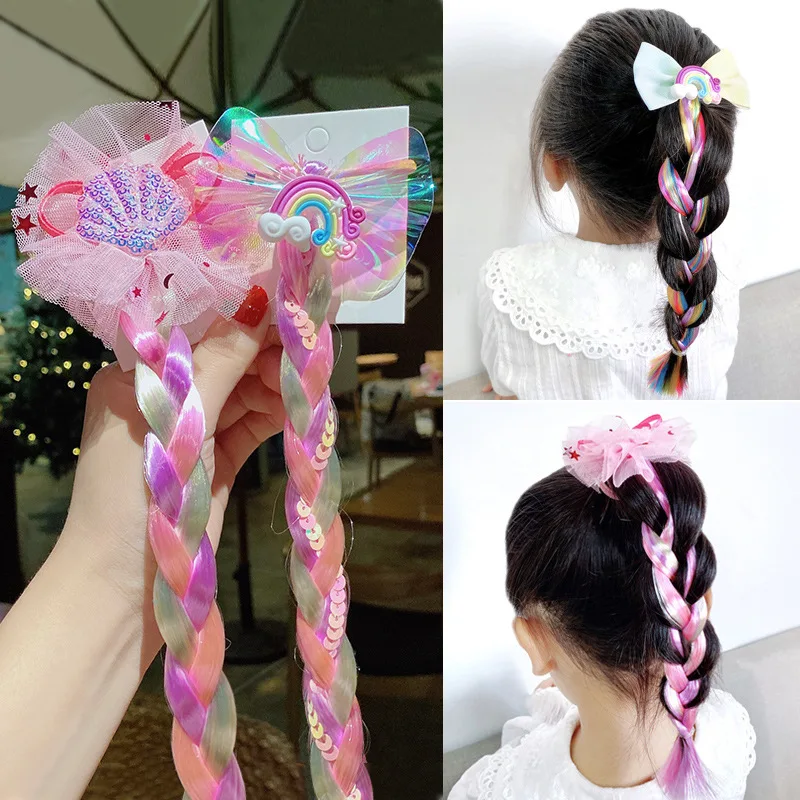 

NEW Ponytail Hair Ropes Colorful Wig Pigtail Elastic Hair Rings for Girls Sequin Glitter Unicorn Hair Scrunchies Kids Headwear