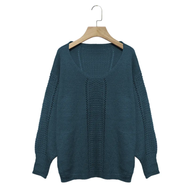 Women Sweater Sexy Casual Long Sleeve Hollow Out Pullovers Knit O Neck Solid Female Sweaters Autumn Loose Fashion Tops - Цвет: Синий
