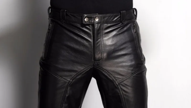 Роскошные мужские натуральная яловая кожа брюки мотоциклетная ветрозащитная куртка качественные кожаные брюки облегающие длинные штаны