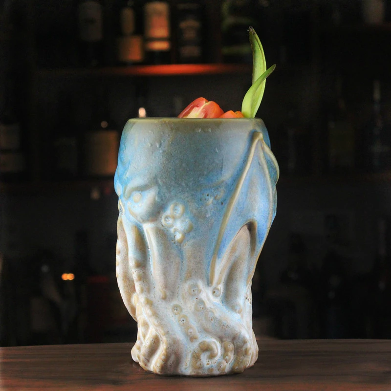 New American Style Octopus Old Man Design Tiki Cup Hawaii Ceramics Cocktail Glass Creative Cuttlefish Mojito Bar Party Wine Cup