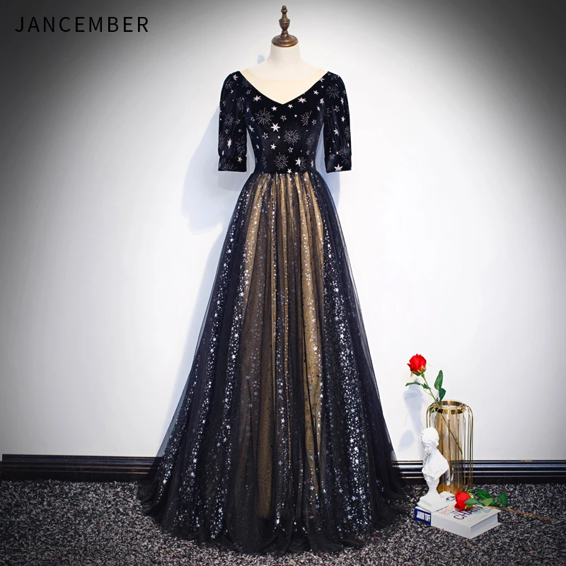 

WLN18572 JANCEMBER matric dance dresses half sleeve illusion v-neck pattern zipper prom dresses plus size vestido de festa longo