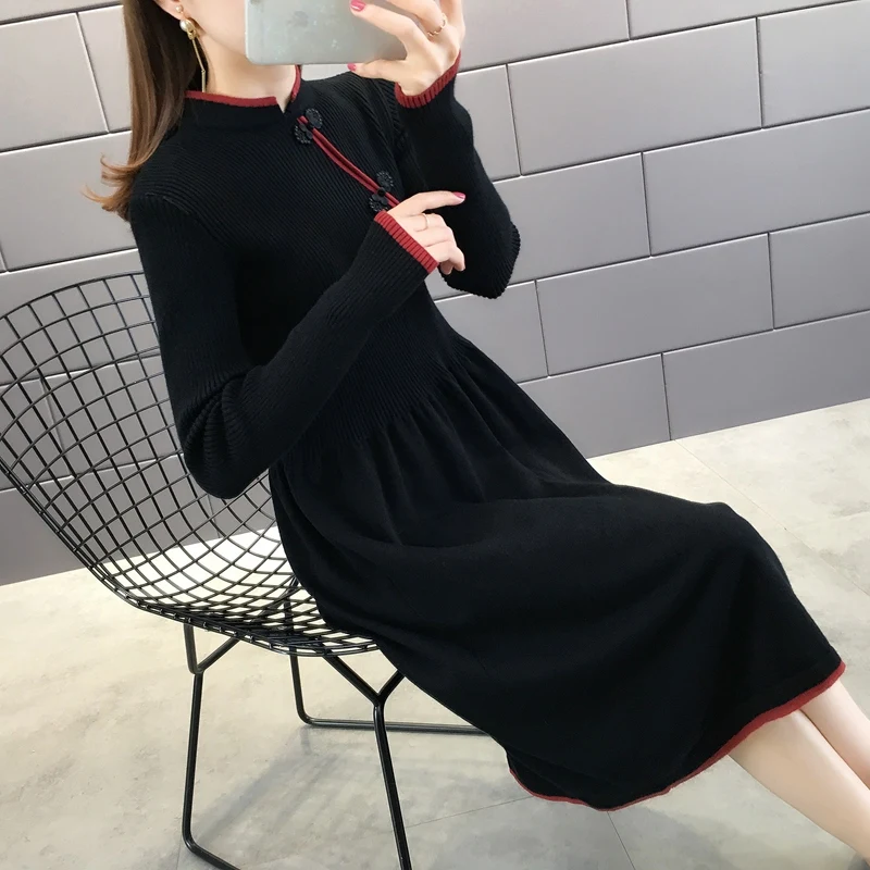 Новинка осени, корейские женские топы cheongsam, длинный пуловер, свитер с длинными рукавами, женский свитер - Цвет: Черный