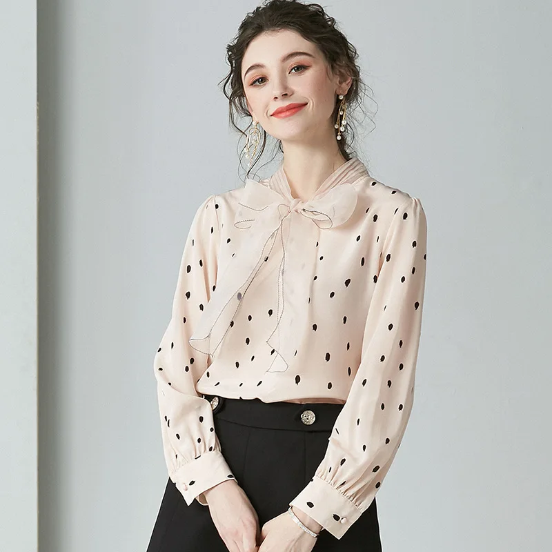 

Sweet Big Bow Pink Polka Dot Pure Silk Blouse Spring Long Sleeve Women Shirt Elegant Office Ladies Tops Loose 16mm Silk blusas