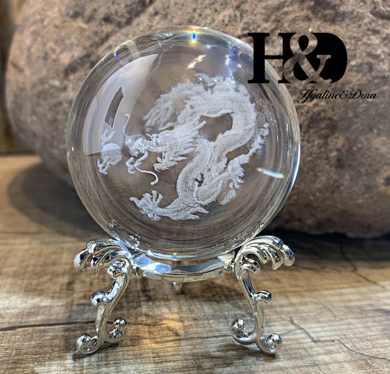H&D 60 мм 3D шар лазерный хрустальный шар с гравировкой стекло художественное ремесло миниатюрная Сфера домашний Декор Аксессуары Рождественский подарок металлическая подставка - Цвет: Dragon