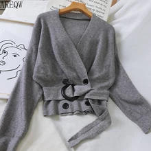 6961 Стильный вязаный кардиган для женщин осеннее вязаное пальто с завязками на талии модные свитера женщин