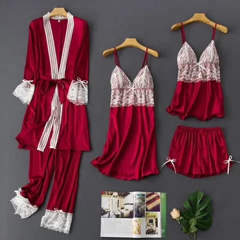 

New Spring Sleepwear 4 Piece Sexy Lace Pajamas Set Women Faux Silk Lace Sling Sleeveless Shirt Shorts Summer Robe