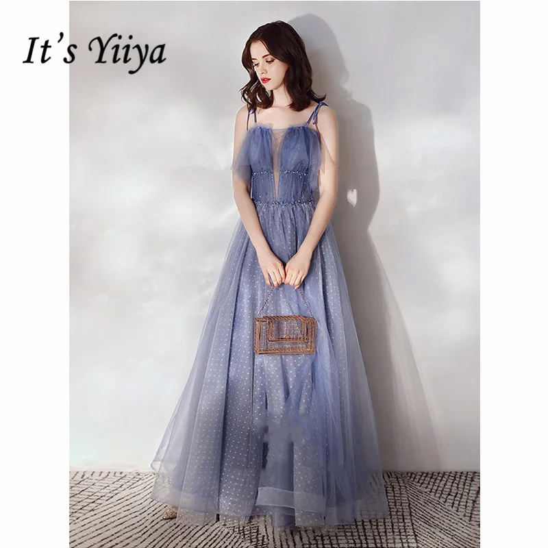 

It's Yiiya Evening Dress 2019 Backless Lace Up Elegant A-Line Floor Length Dresses Sleeveless Spaghetti Strap Formal Gowns E1111