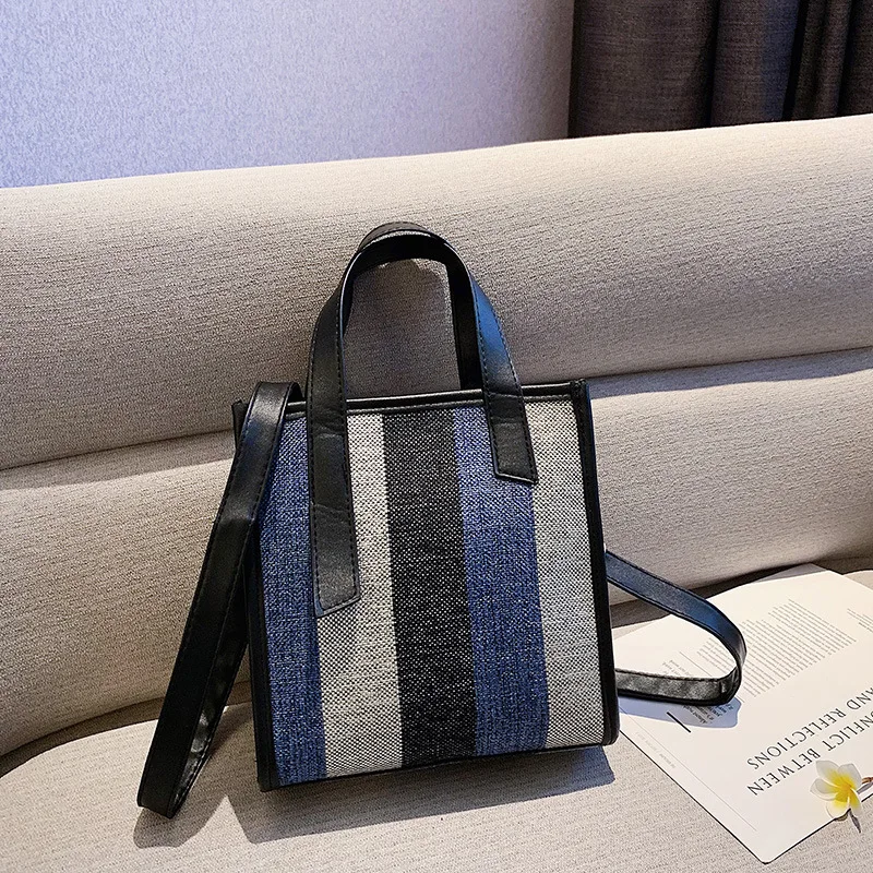 Винтажная сумка-мешок, Холщовая Сумка, модная полосатая Сумка на одно плечо, сумка для покупок - Цвет: blue