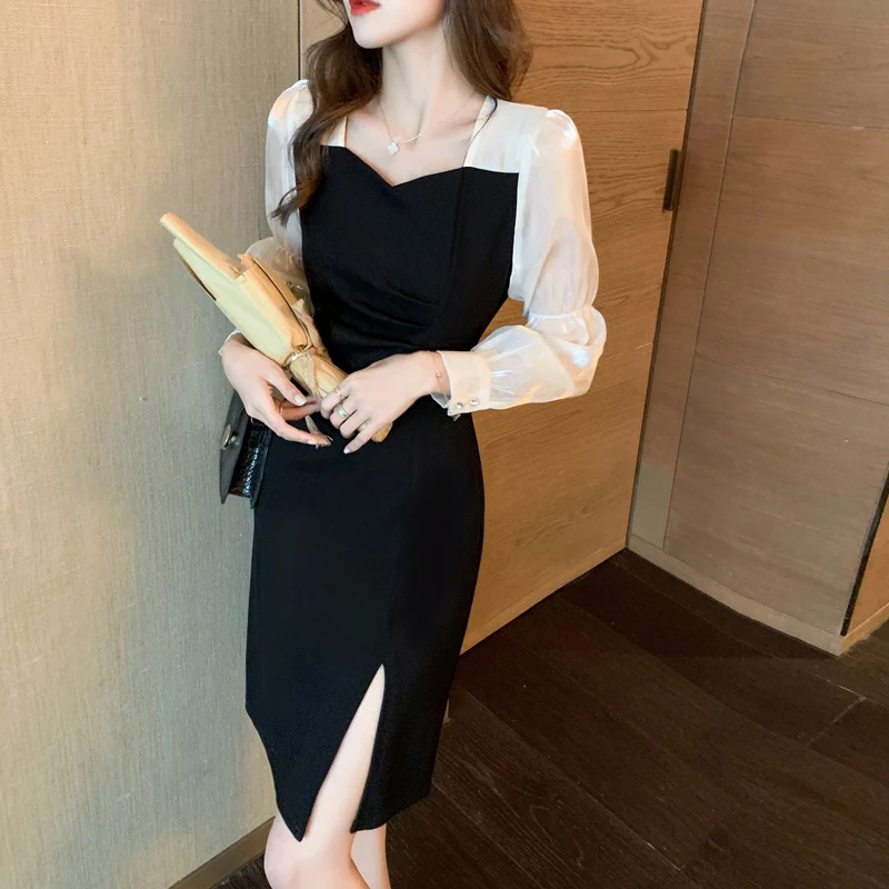 

Платье-миди осень 2021, Черное женское платье с тонкой талией и пышными рукавами, платье с квадратным вырезом и разрезом, Платье До Колена, шифоновое платье Макси