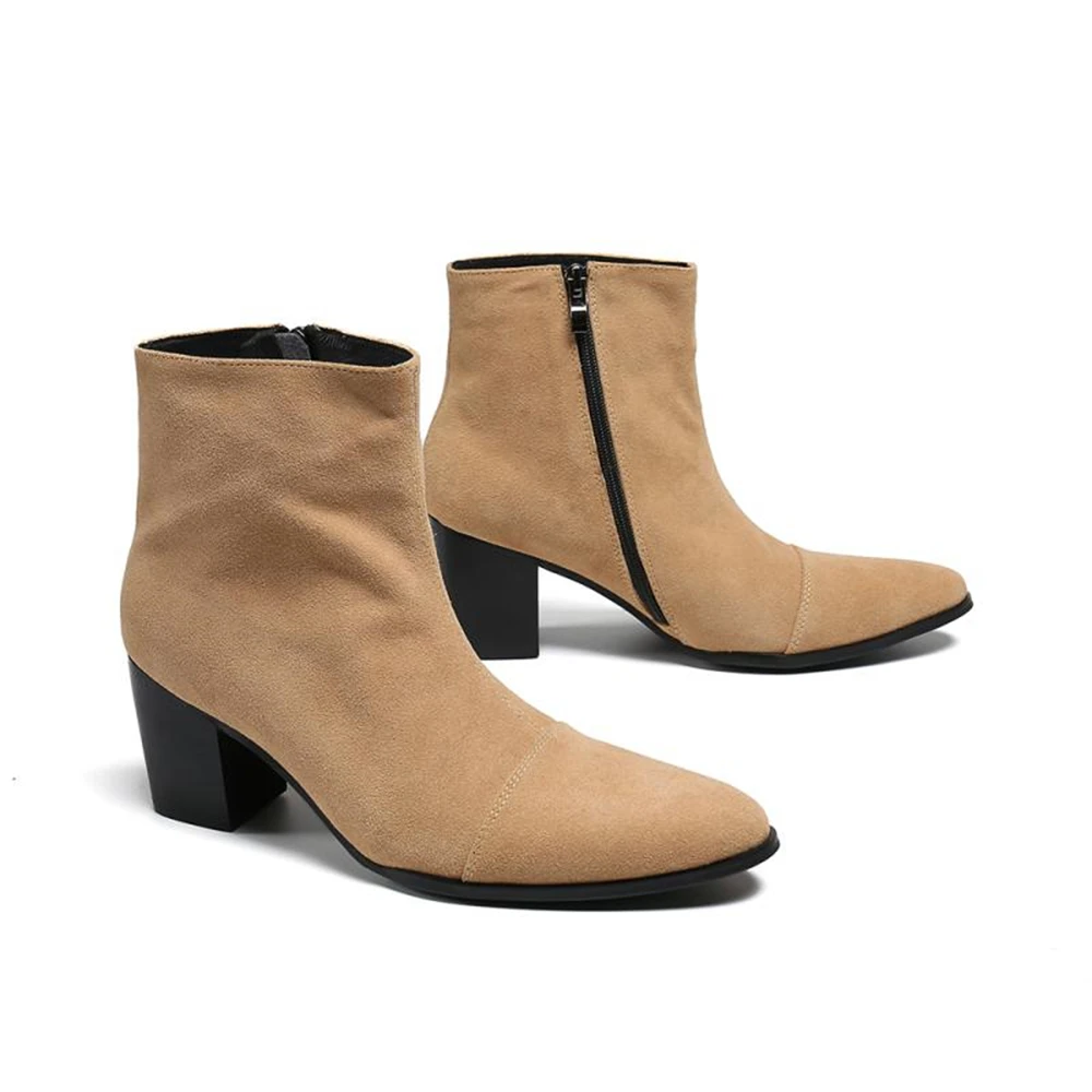 Pointed Toe Suede Leather Dress Boots Men High Heel Fashion Business Vintage Short  Ankle Chelsea Boots