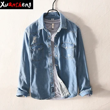 

Brand long-sleeved denim shirt 2019 spring autumn classic streetwear hole trend designer fashion clothes Slim light denim shirt